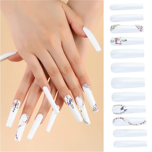Extra 24pcs Diamond White Long Coffin Press on Nails for Nails Art False… - Picture 4 of 8